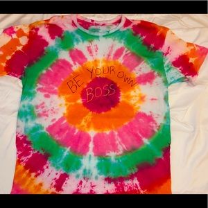 Bulls eye tie dye shirt with writing